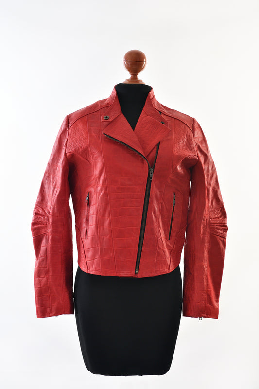 Crocodile Effect Moto Jacket in Vibrant Red