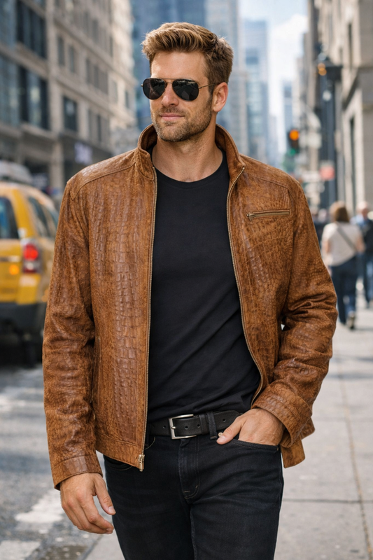 Crocodile Embossed Leather Jacket for Men online