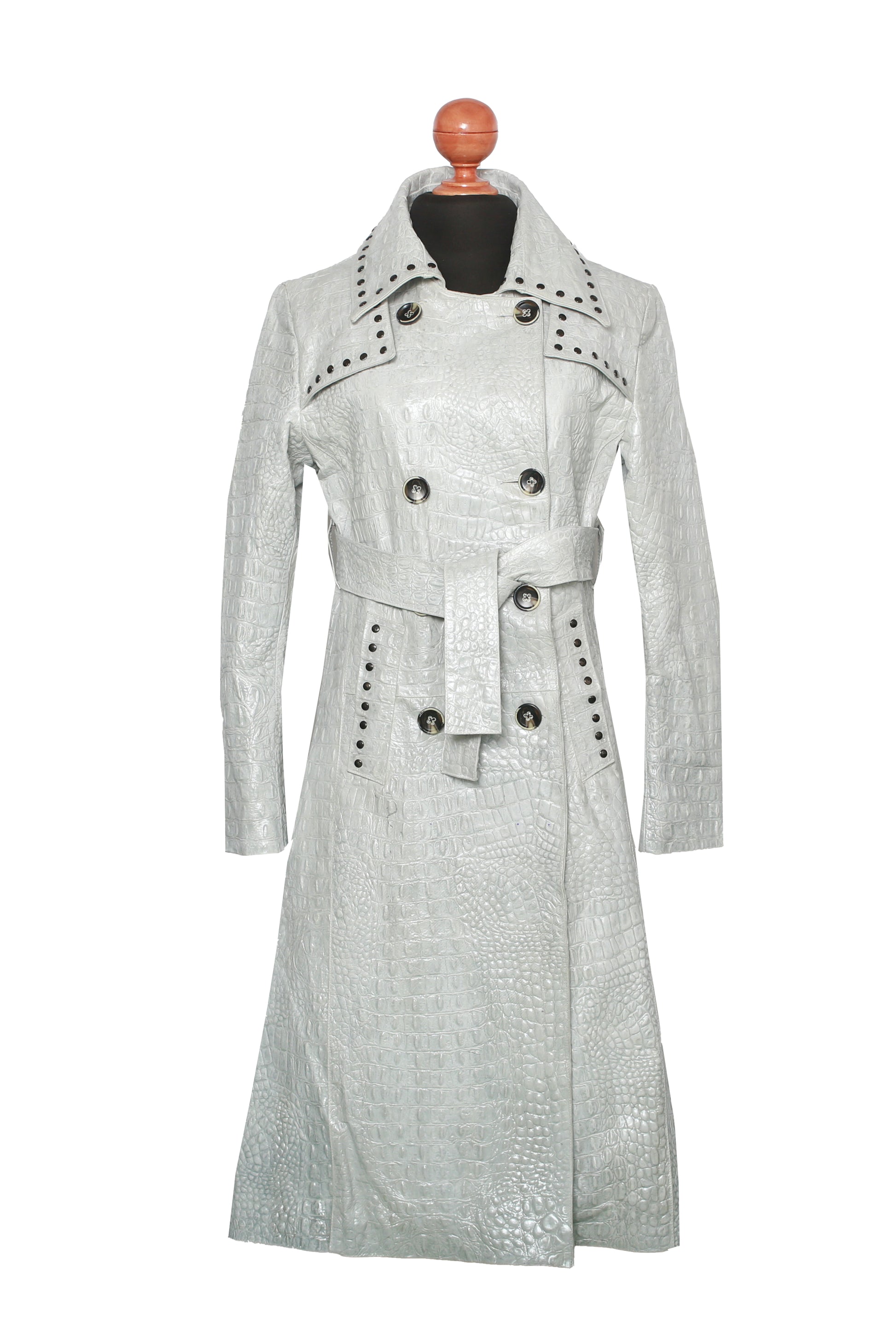 Crocodile Embossed Leather Trench – Studded Detail in Soft Gray