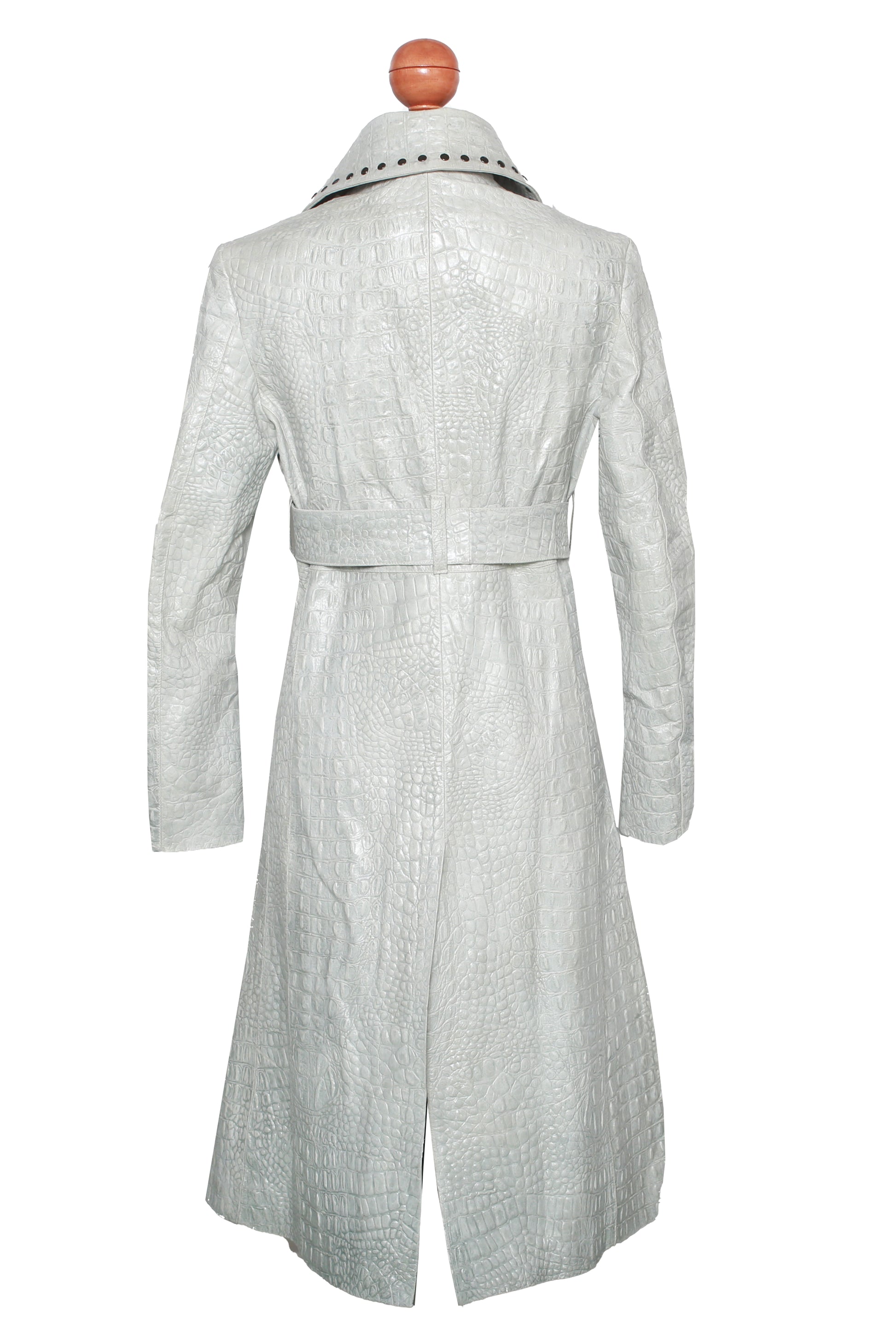 Crocodile Embossed Leather Trench – Studded Detail in Soft Gray texas