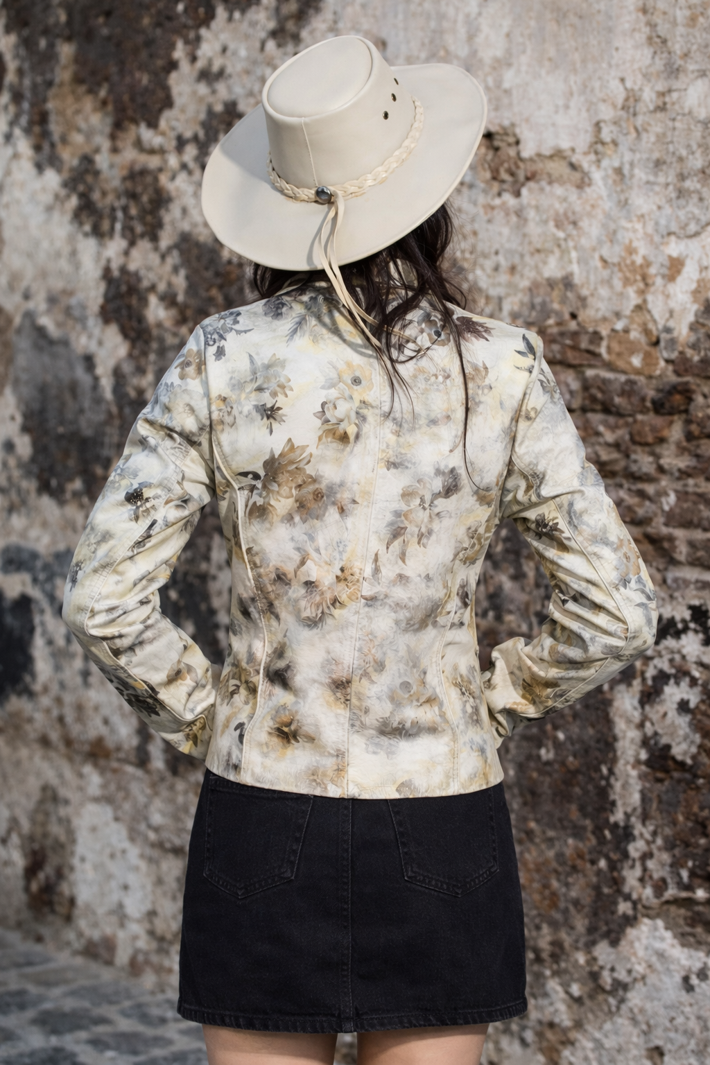 Women's Floral Leather Jacket – Artistic Print with Washed Finish