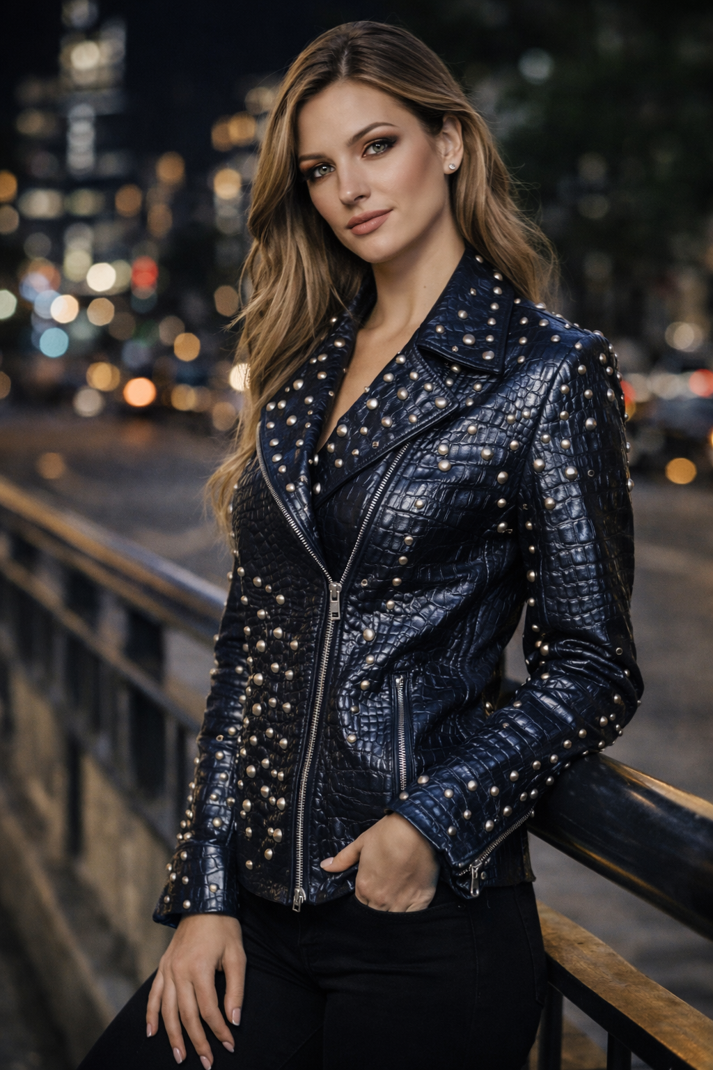 Women's Rockstar Black Studded Crocodile Jacket – Bold Moto Glam Statement