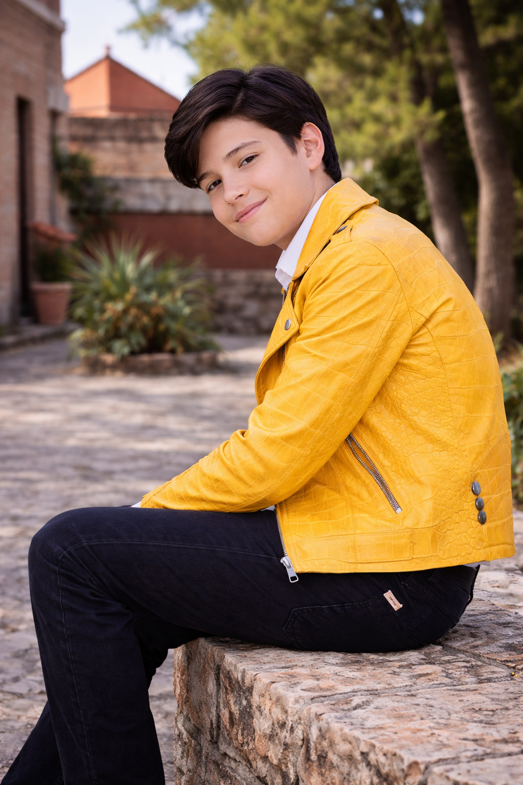 Kids Yellow Crocodile-Embossed Leather Biker Jacket