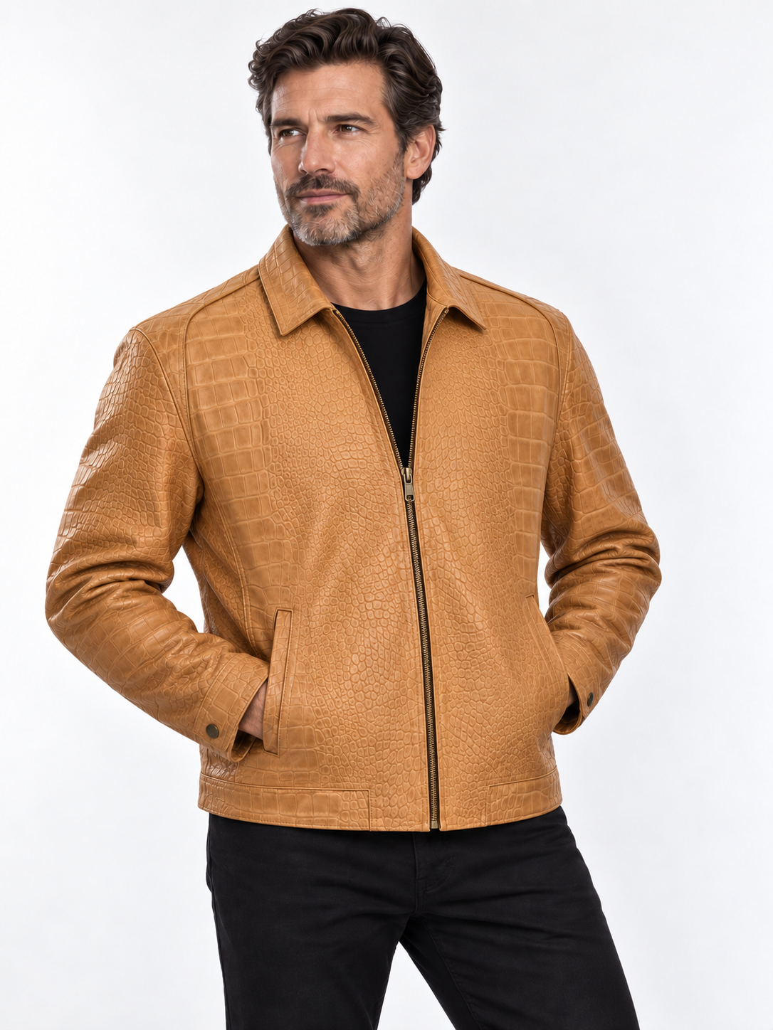 Sand Crocodile-Embossed Leather Jacket – Bold Texture, Refined Style