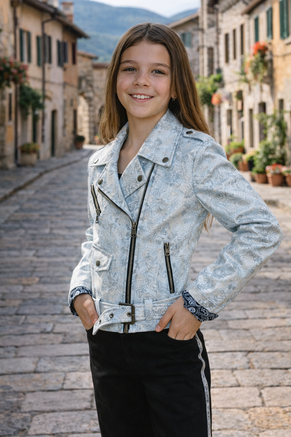 Kids Light Metallic Leather Jacket – Delicate Lace-Pattern Design