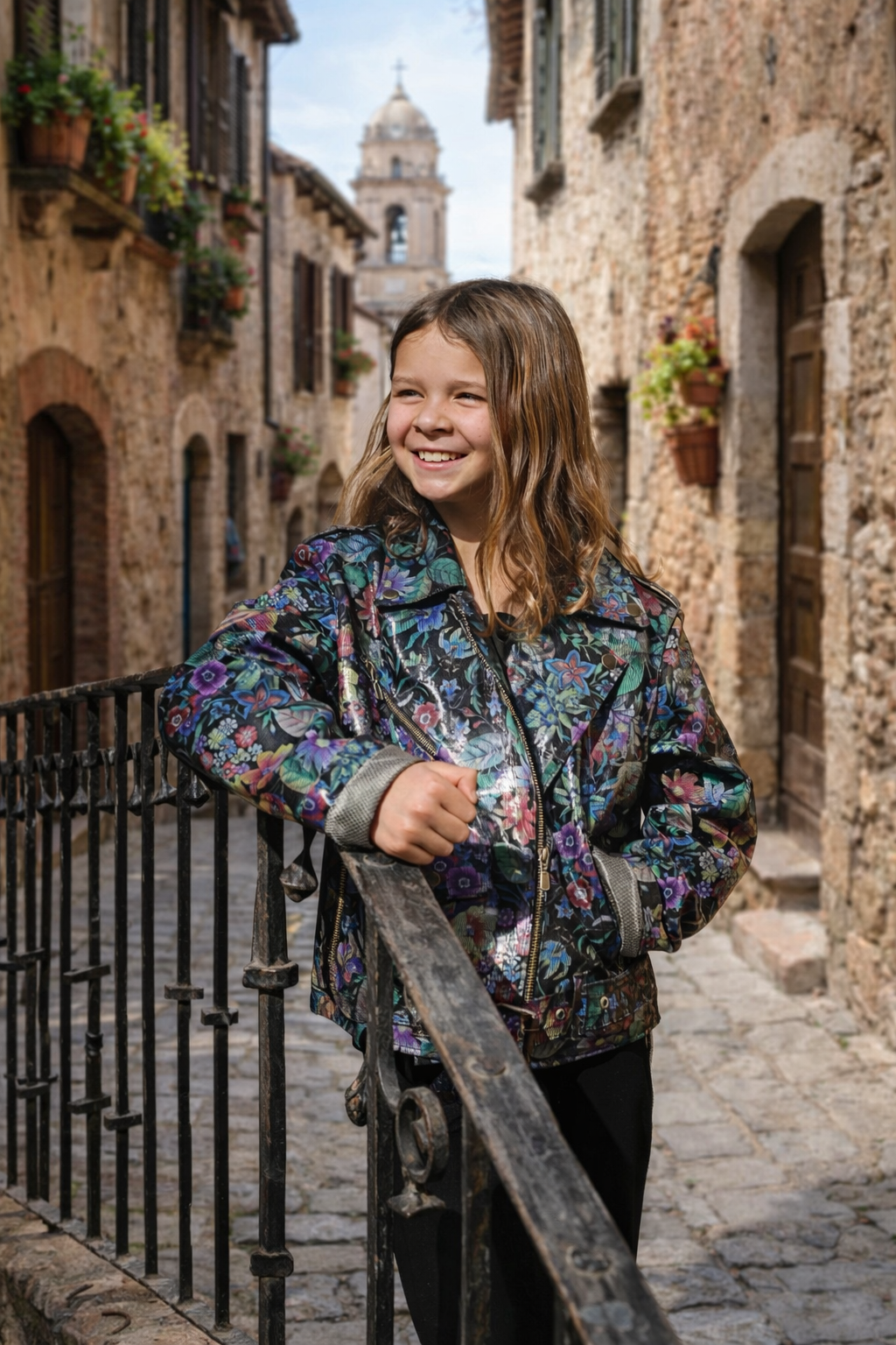 Shiny Floral Print Leather Jacket for Kids – Glossy Botanical
