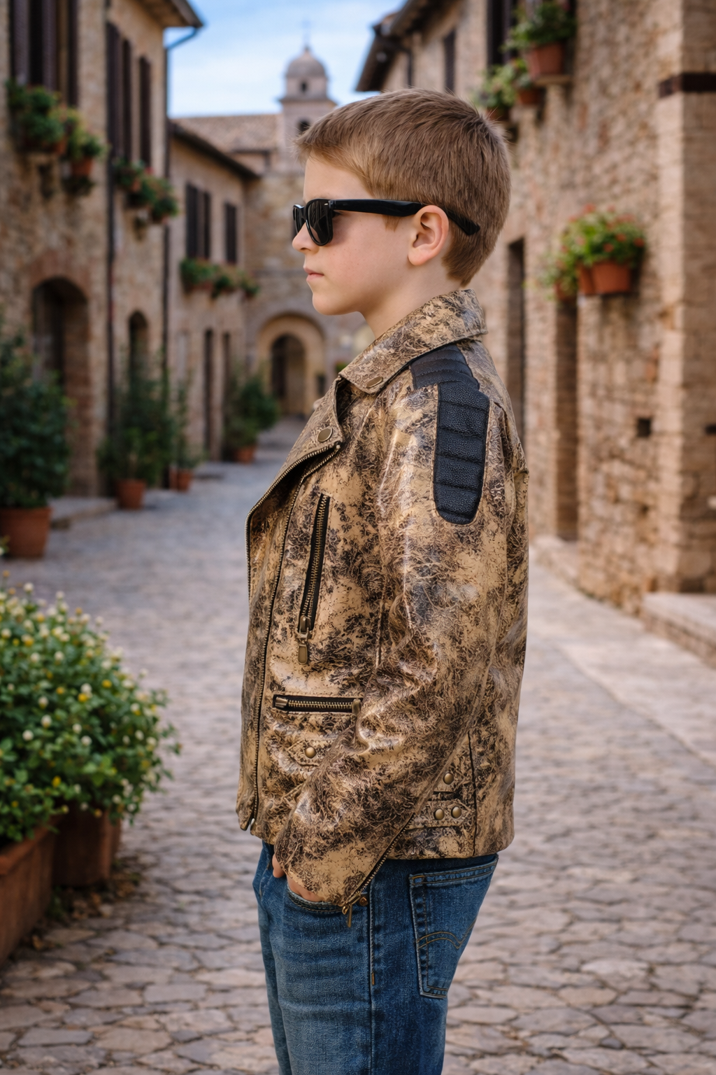 Kids Rockstar Metallic Leather Moto Jacket – Bold Gold Statement Style