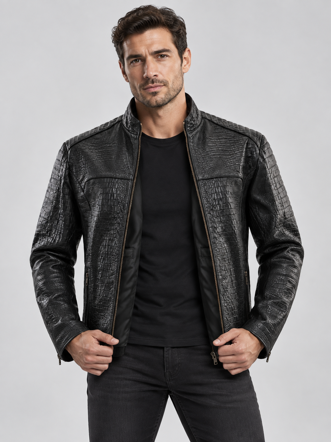 Men's Midnight Croc Leather Jacket – Sleek Black with High-Gloss Exotic
