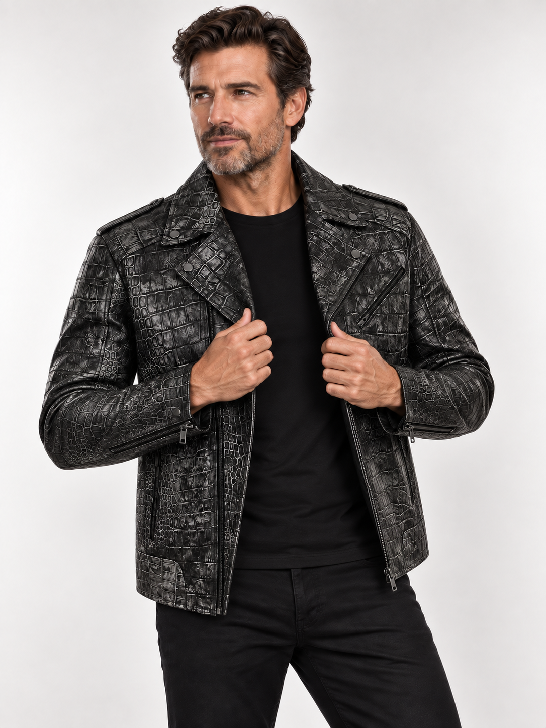 Men's Charcoal Embossed Crocodile Rider Jacket
