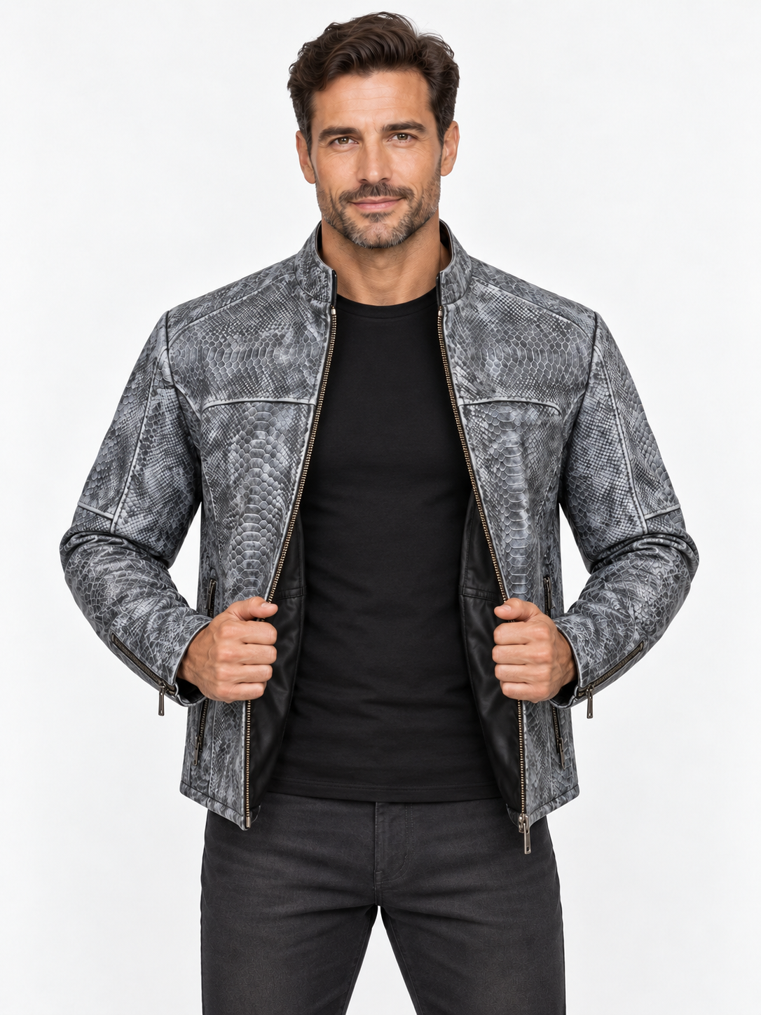 Men's Unique Wash Gray Snake-Embossed Leather Jacket – Artisan Hand-Colored