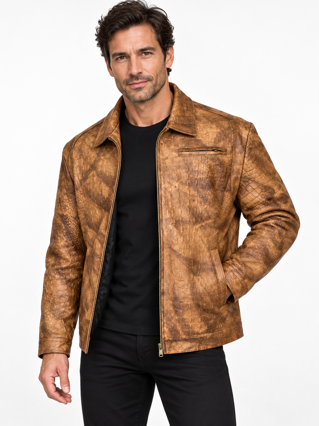 Men’s Leather Rider Jacket – Handcrafted Crocodile-Embossed