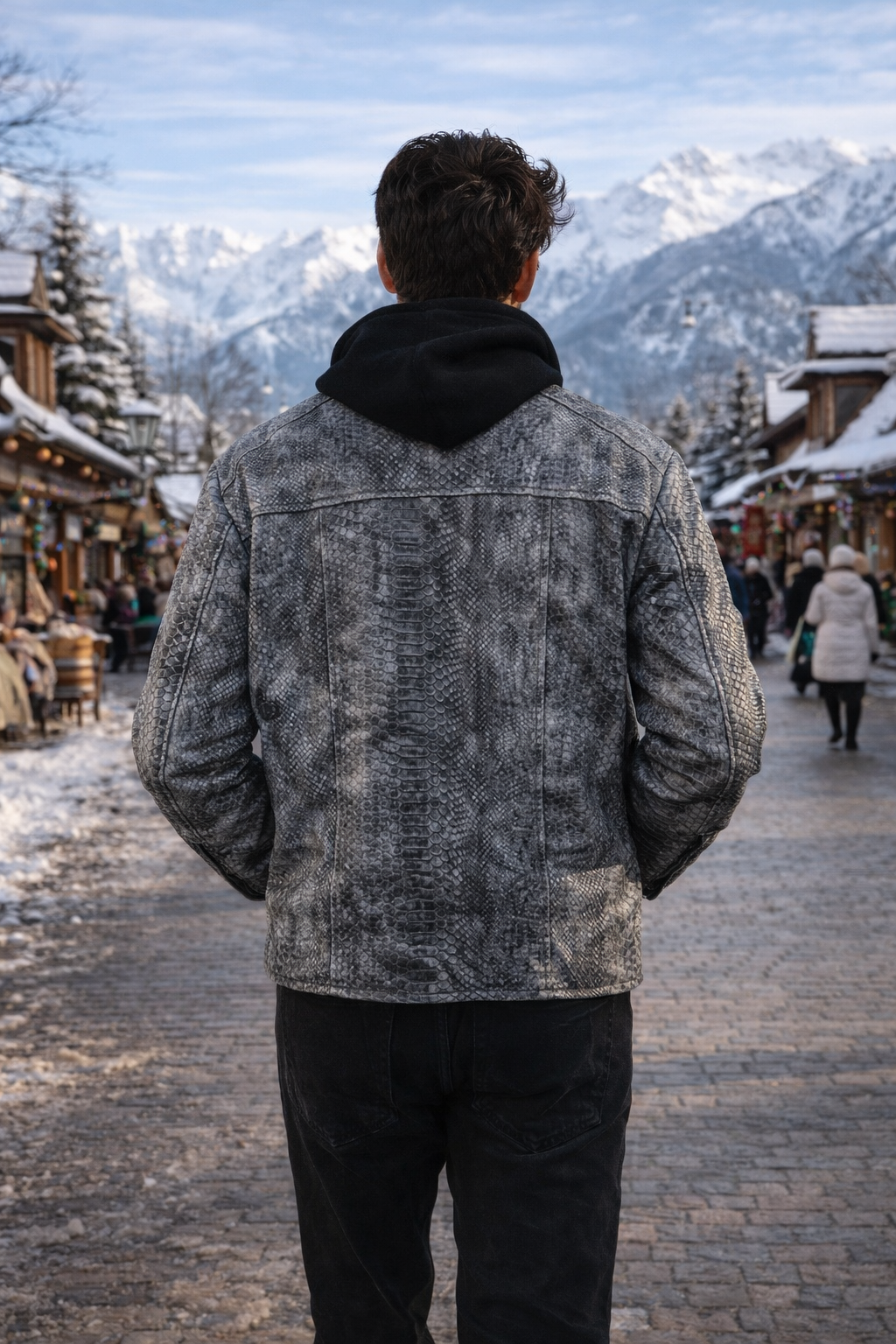 Men's Unique Wash Gray Snake-Embossed Leather Jacket – Artisan Hand-Colored