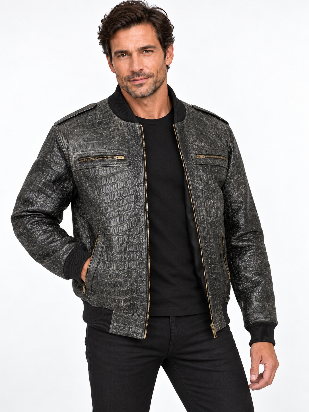 Men's Crocodile Embossed Leather Jacket – Distressed, Vintage Bomber Style