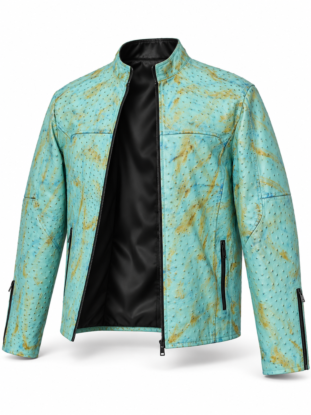 Men's Ostrich Leather Jacket – Bold Quill Texture - Aqua Sky
