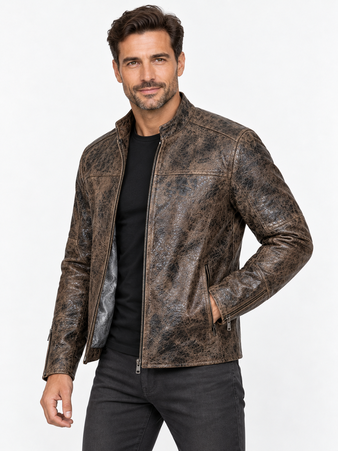 Men's Rustic Charcoal-Brown Leather Moto Jacket – Animal Embossed Finish