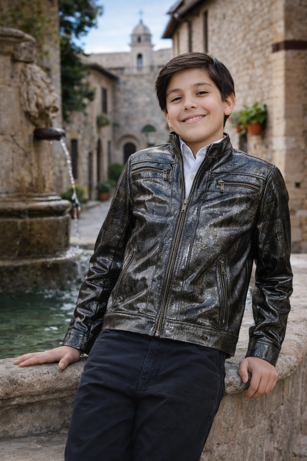 Kids Metallic Coated Leather Jacket – Black & Bronze Moto Style