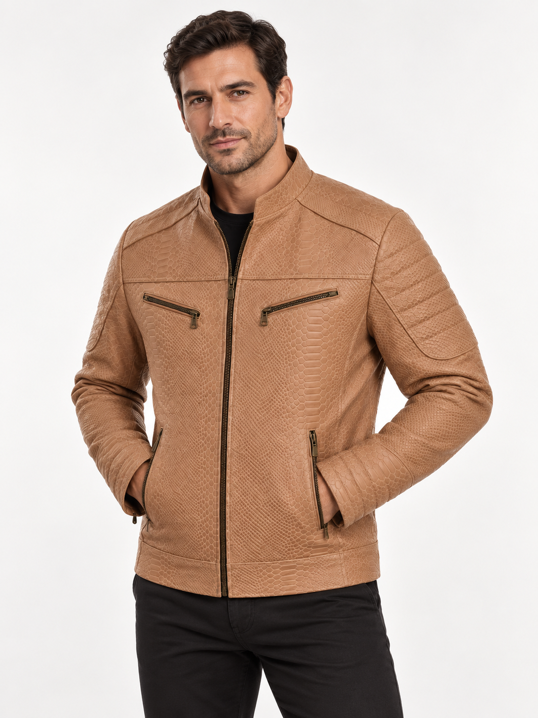 Men's Light Tan Reptile-Embossed Leather Moto Jacket