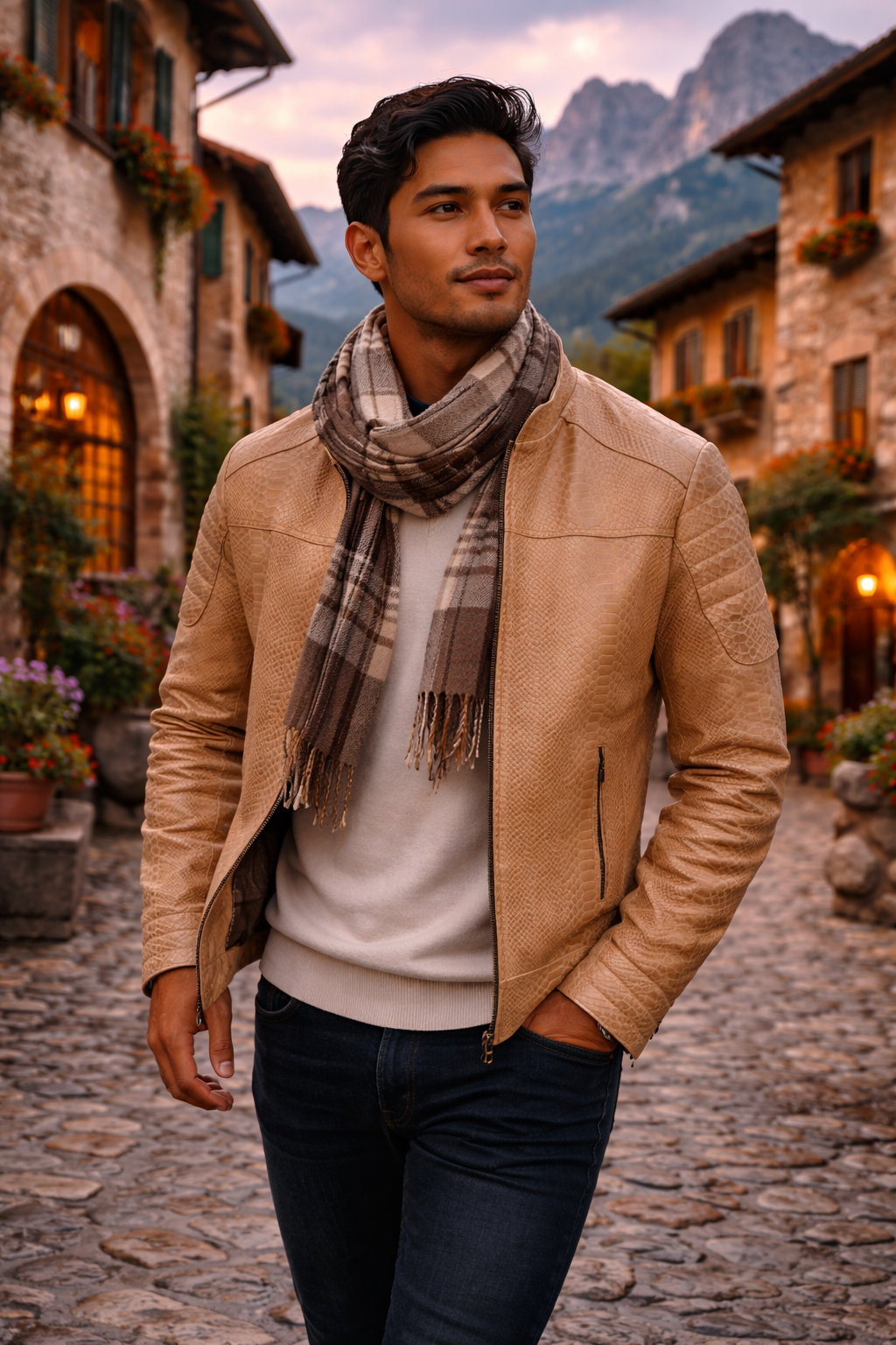 Men's Light Tan Reptile-Embossed Leather Moto Jacket