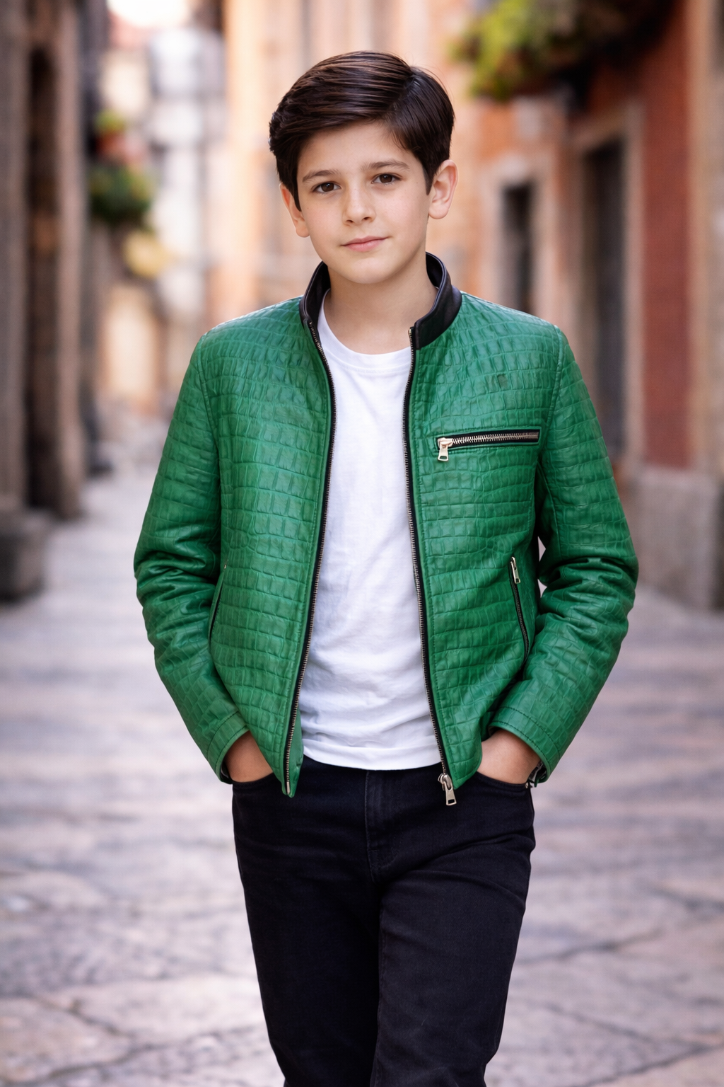 Kids Exotic Pattern Leather Racer Jacket – Emerald Green Croc-Embossed