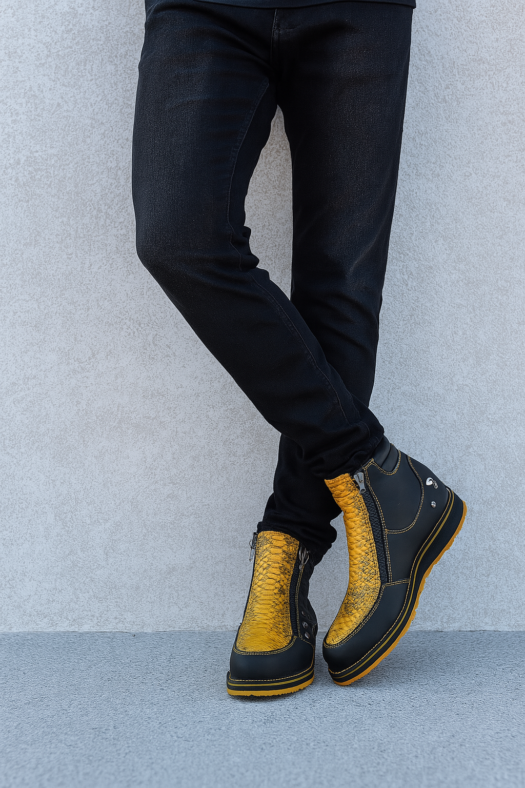 Yellow Python & Black Leather Skull Boots