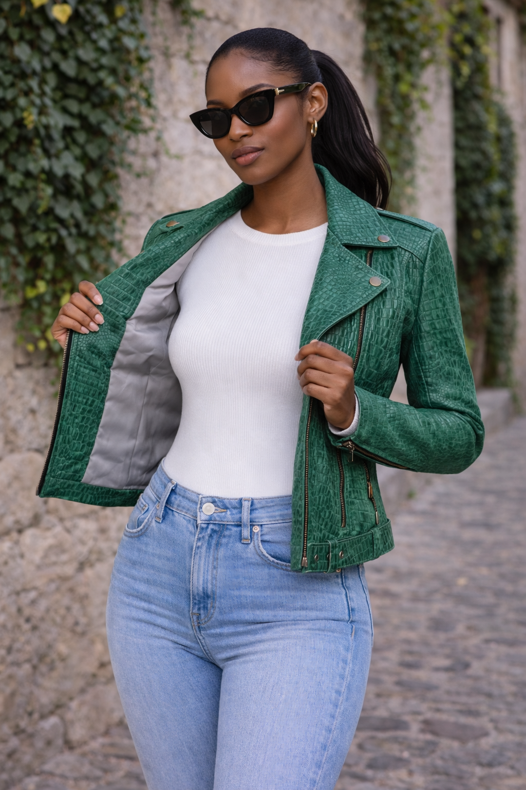 Women's Emerald Luxe Croc-Embossed Leather Biker Jacket