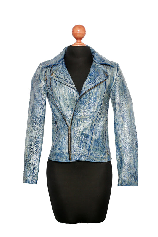 Distressed Blue Biker Jacket – Pearl-Wash Crocodile Embossed Leather