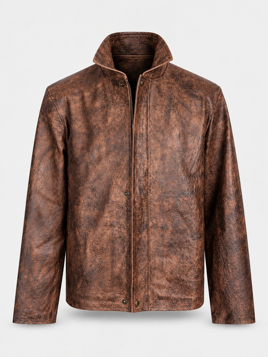 Men's Handcrafted Distressed Brown Leather Jacket — Hand-Finished Color & Texture
