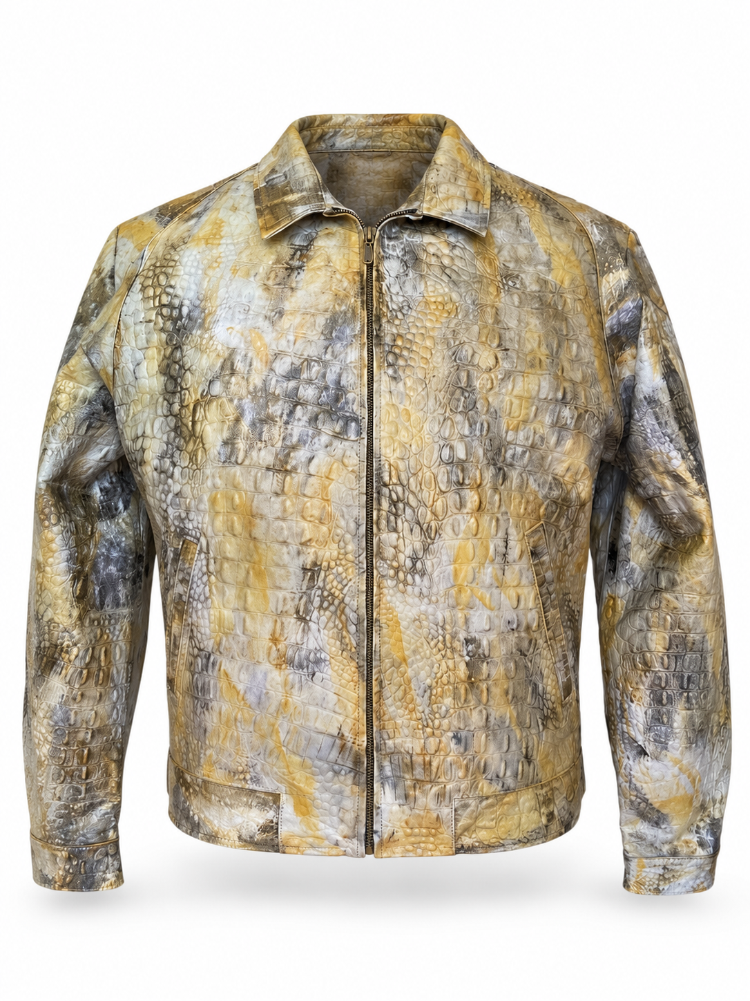 Yellow Crocodile Embossed Leather Jacket for Men – Handcrafted