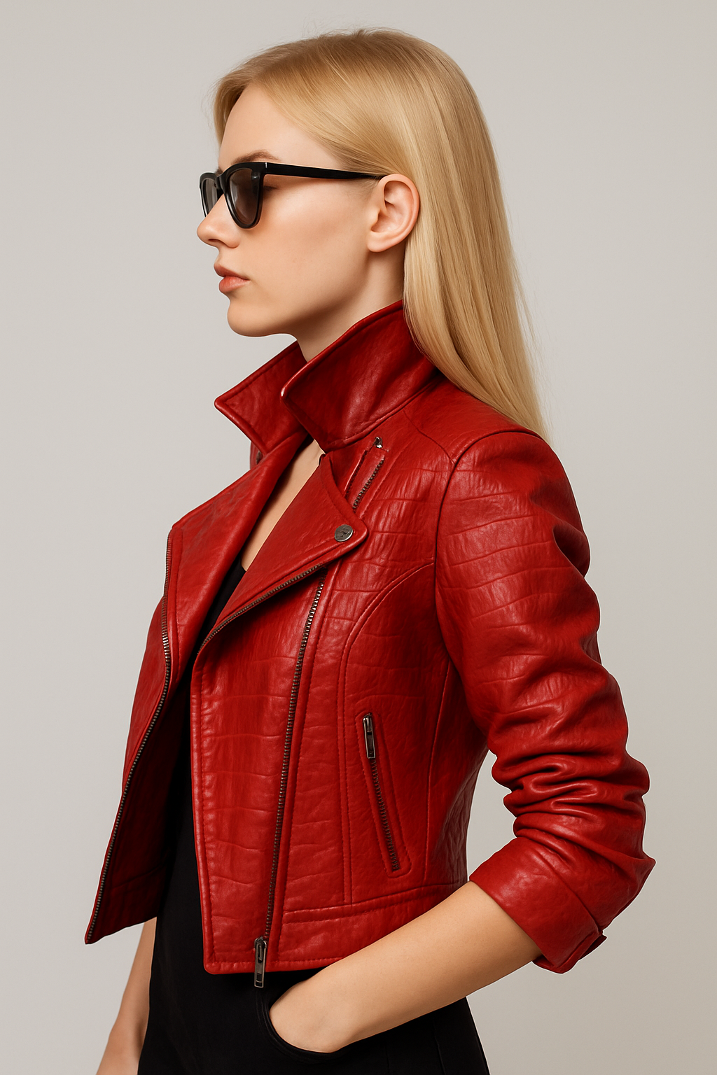 Crocodile Effect Moto Jacket in Vibrant Red