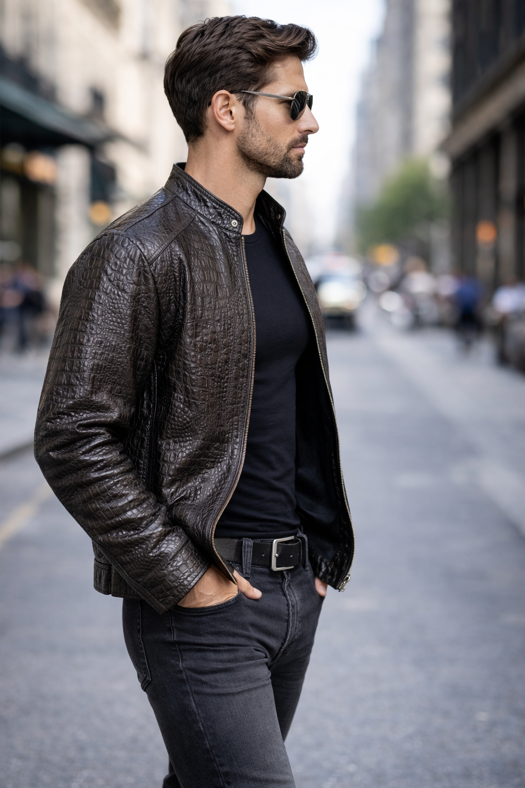 Men’s Crocodile Embossed Leather Jacket – Handcrafted Brown Rider