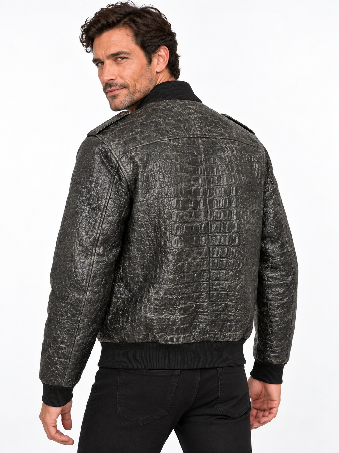Men's Crocodile Embossed Leather Jacket – Distressed, Vintage Bomber Style