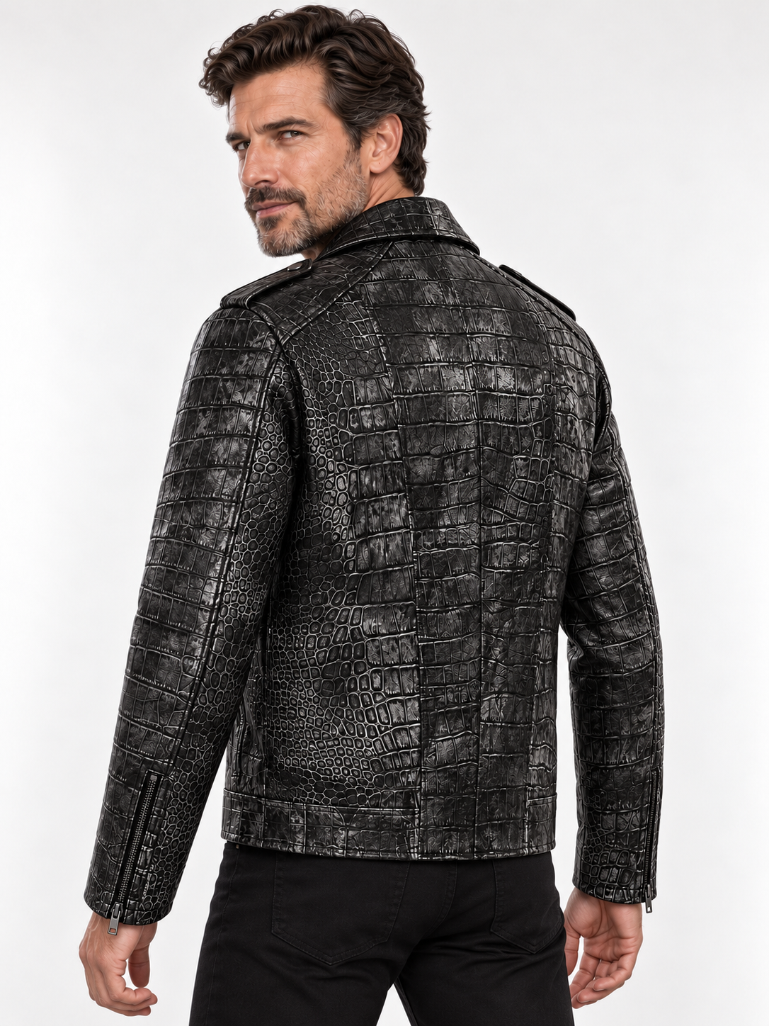 Men's Charcoal Embossed Crocodile Rider Jacket