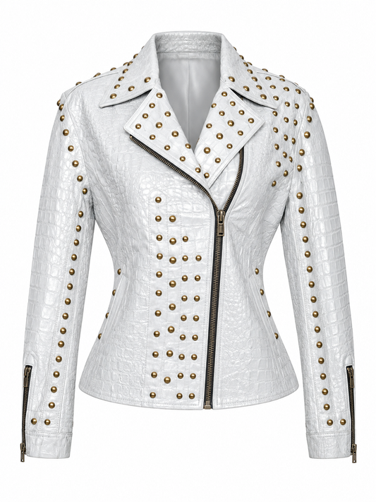 Women's Arctic Gray Studded Leather Biker Jacket – Crocodile Embossed