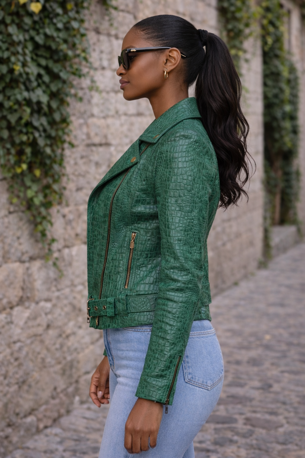Women's Emerald Luxe Croc-Embossed Leather Biker Jacket