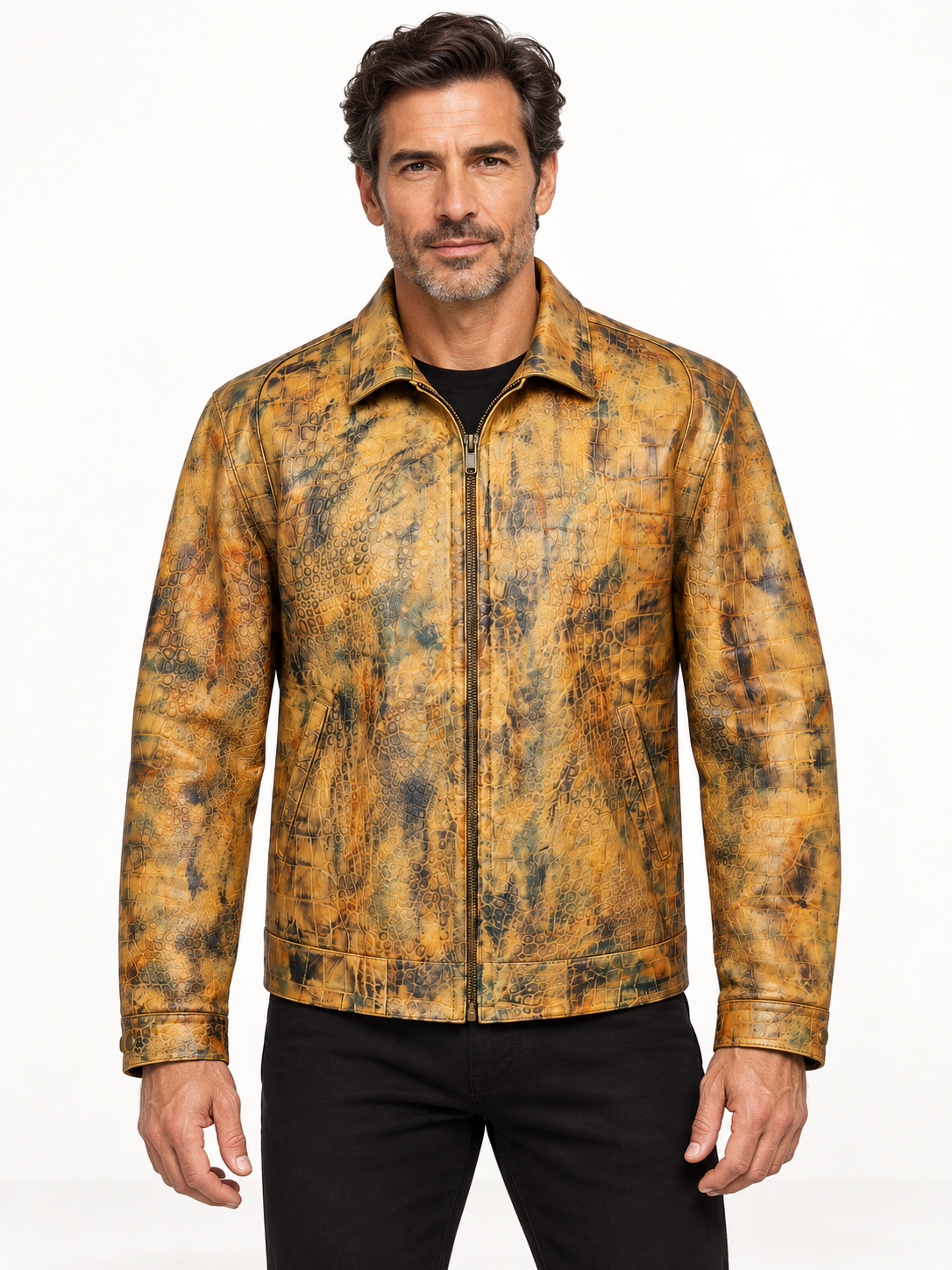 Men's Golden Reptile Leather Bomber Jacket