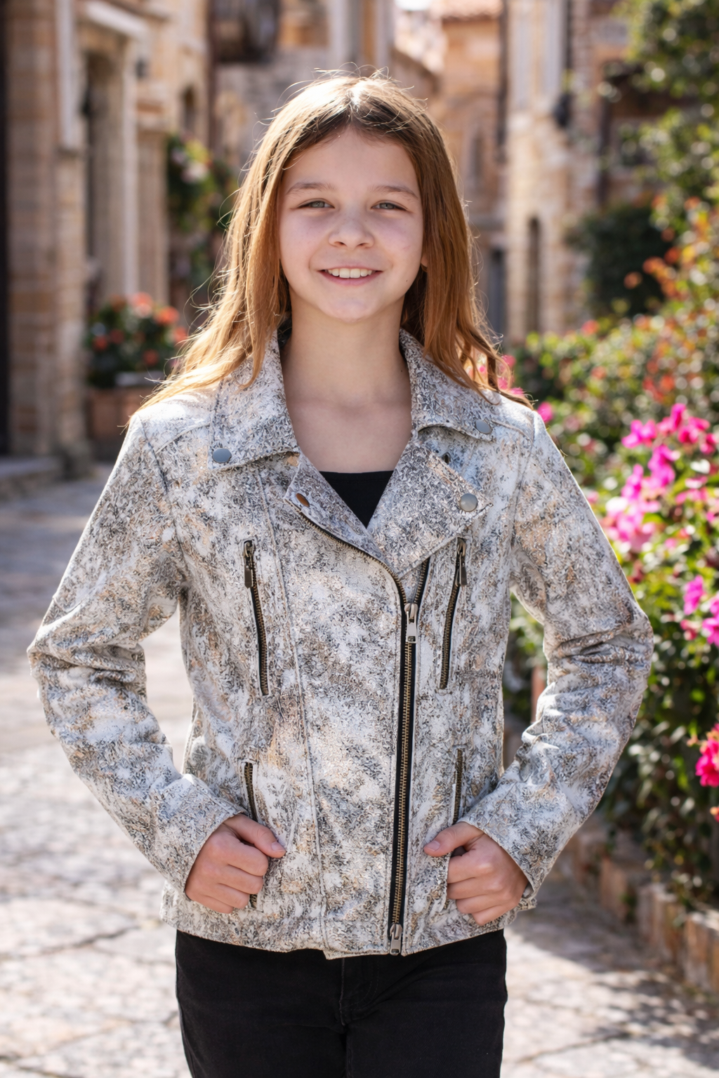 Kids Metallic Marble-Print Leather Biker Jacket – Futuristic Rockstar