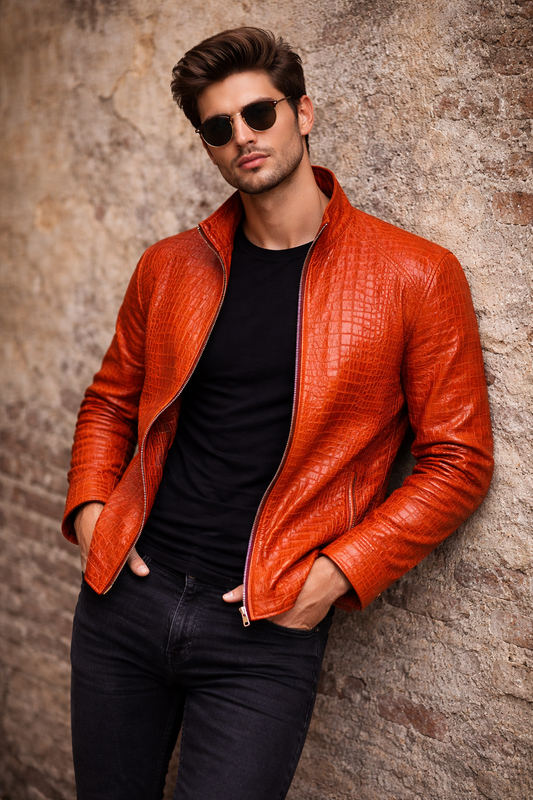 Men's Crocodile-Embossed Zip-Up Jacket in Sunset Orange