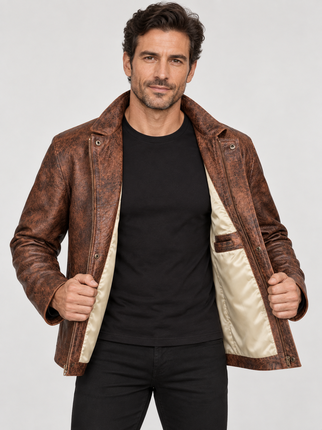 Men's Handcrafted Distressed Brown Leather Jacket — Hand-Finished Color & Texture