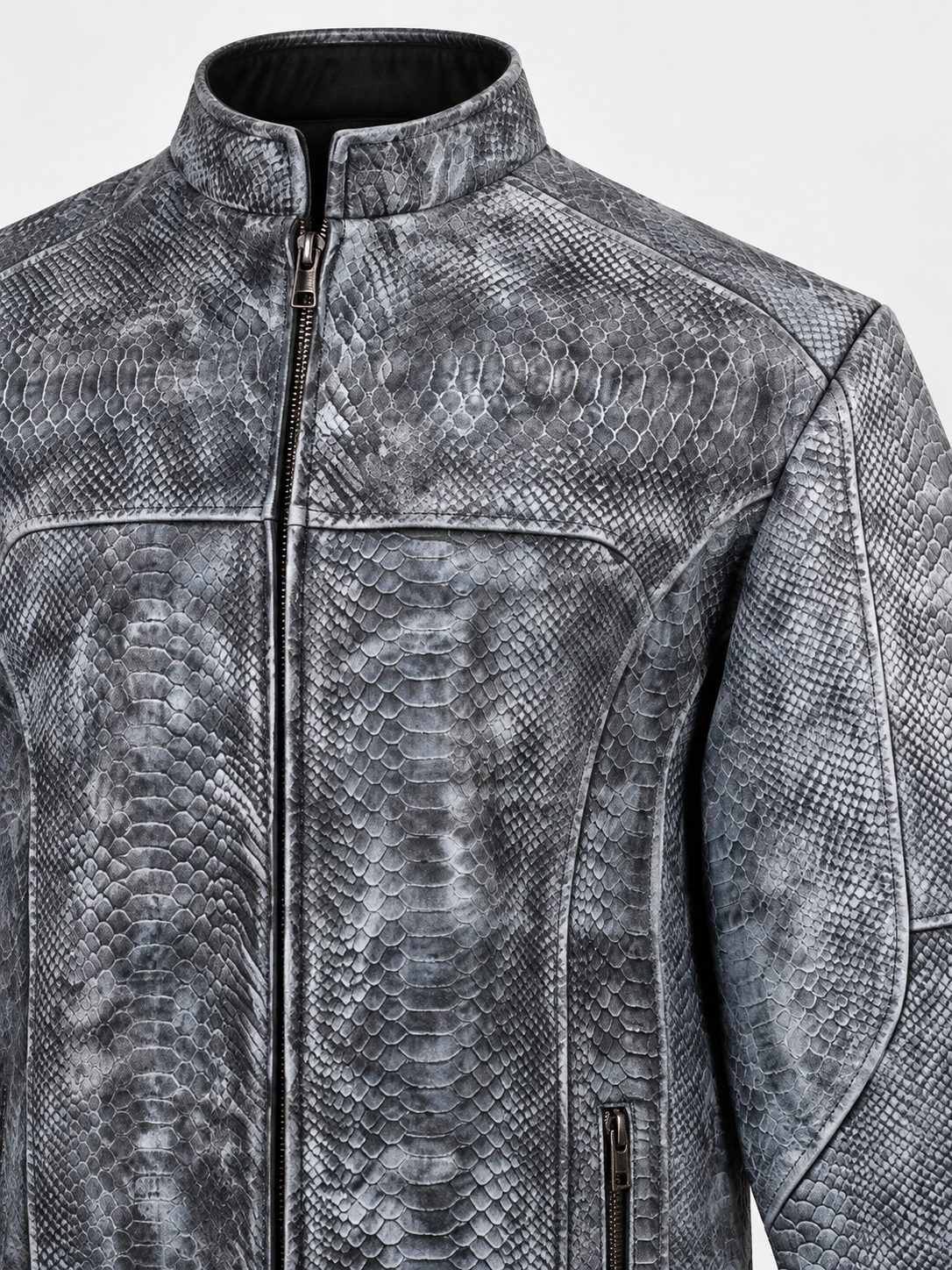 Men's Unique Wash Gray Snake-Embossed Leather Jacket – Artisan Hand-Colored