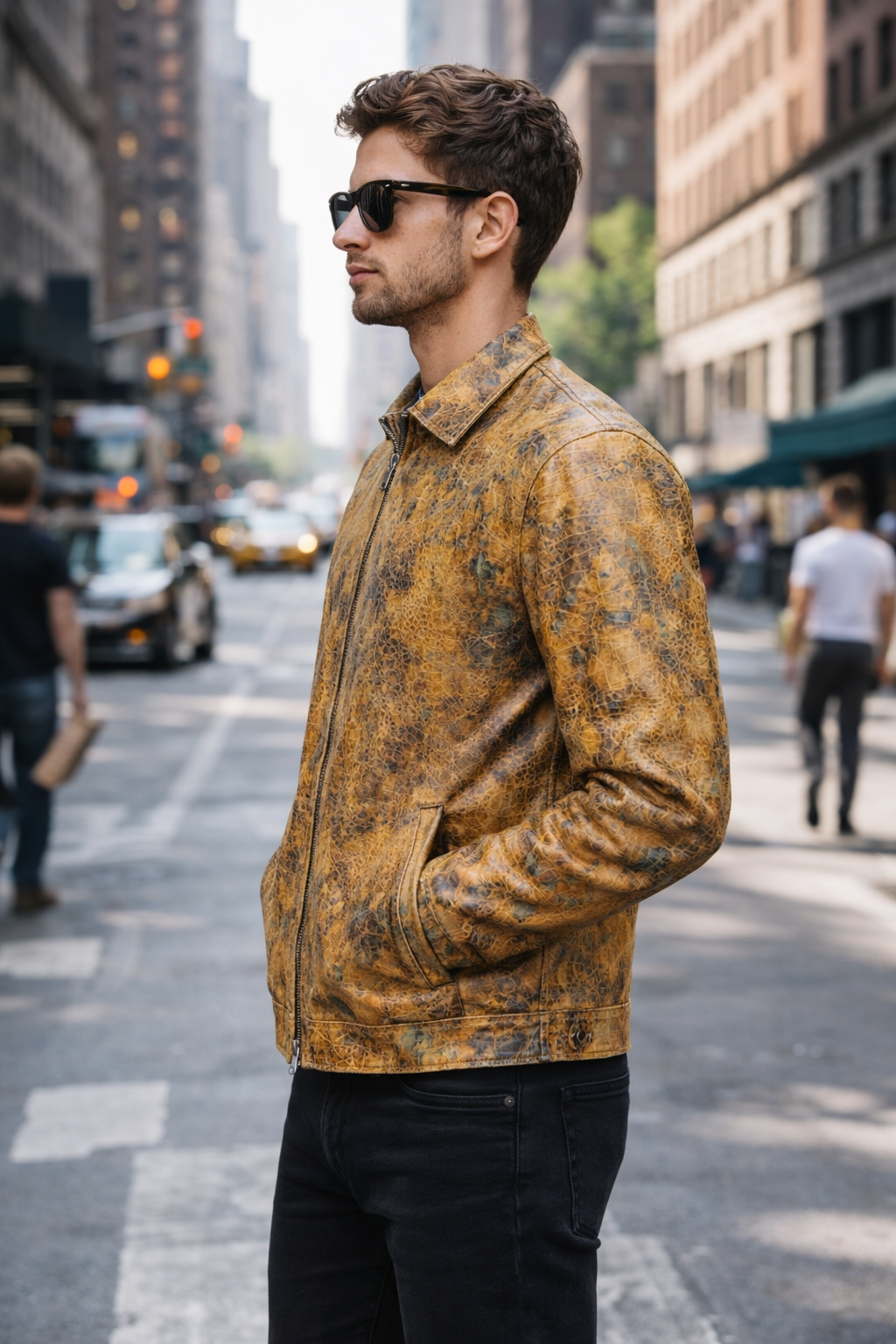 Men's Golden Reptile Leather Bomber Jacket for Men