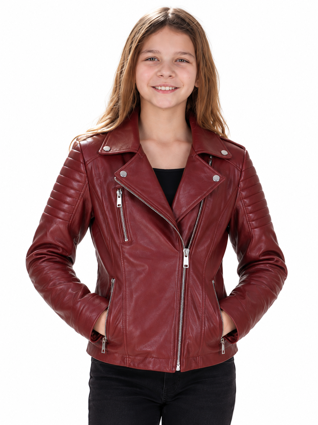 Burgundy Rebel — Girls’ Genuine Leather Moto Jacket