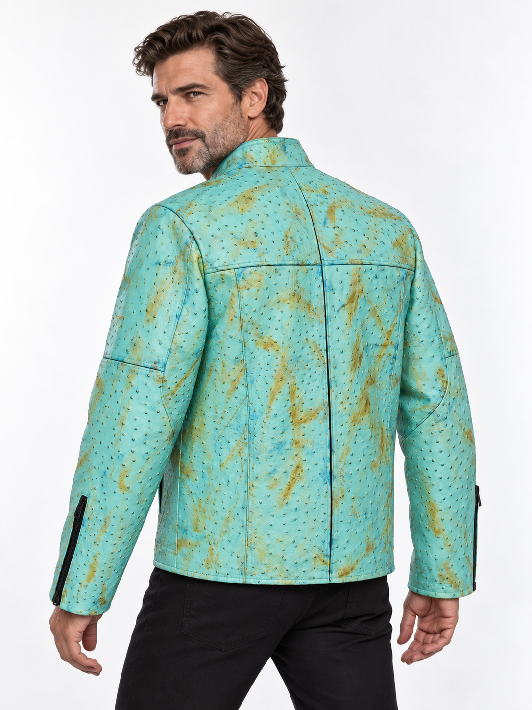 Men's Ostrich Leather Jacket – Bold Quill Texture - Aqua Sky