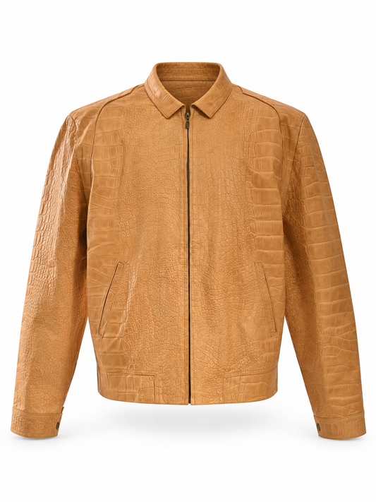 Sand Crocodile-Embossed Leather Jacket – Bold Texture, Refined Style