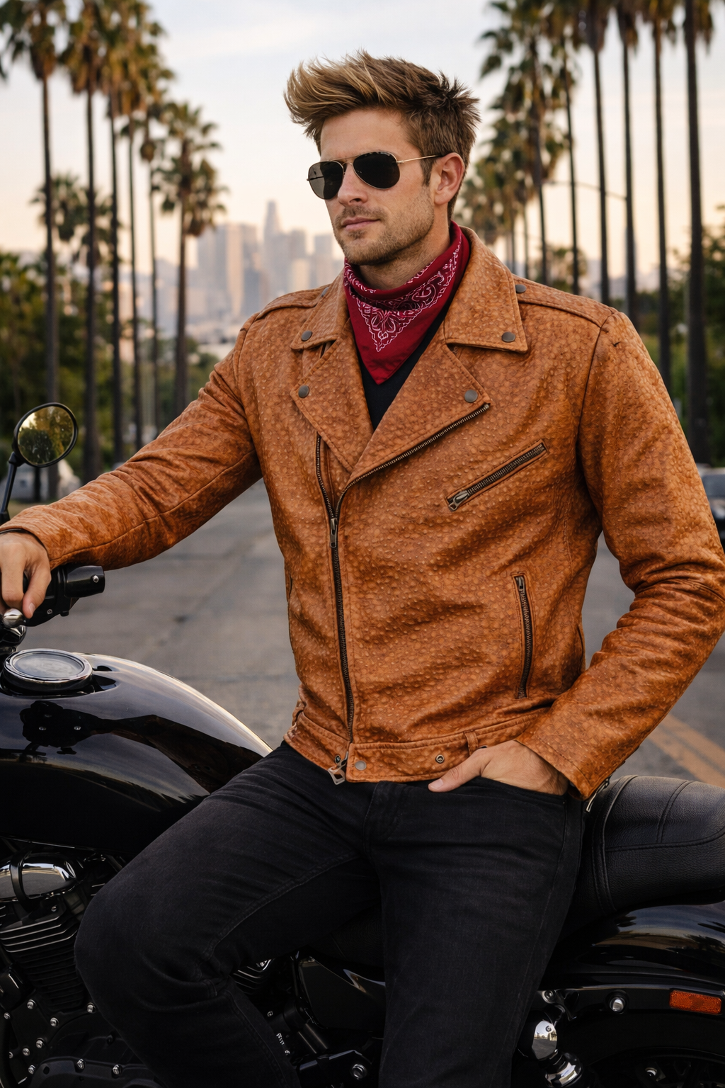 Men's Cognac Ostrich-Textured Leather Moto Jacket side view — Dallas TX