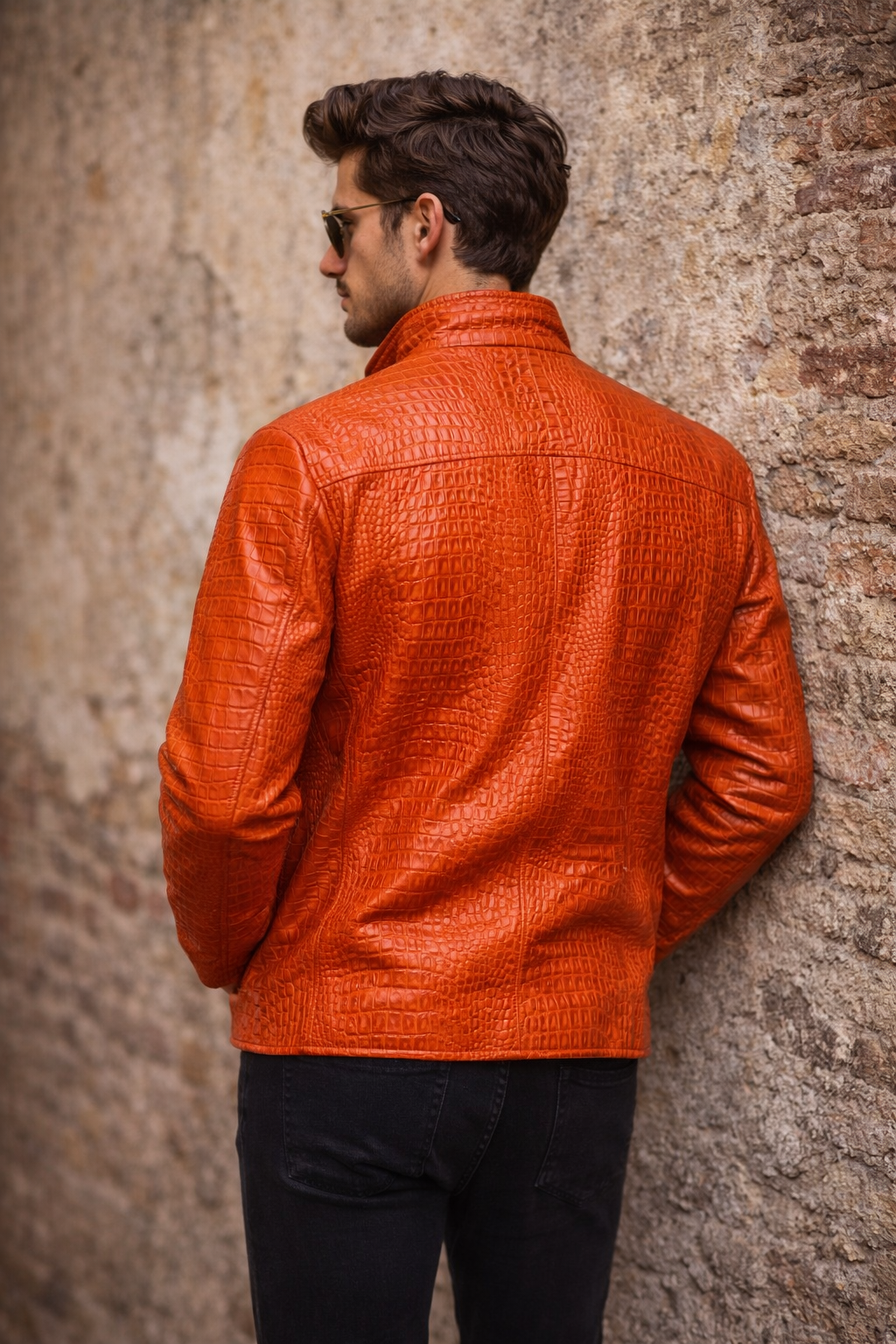 Men's Crocodile-Embossed Zip-Up Jacket in Sunset Orange