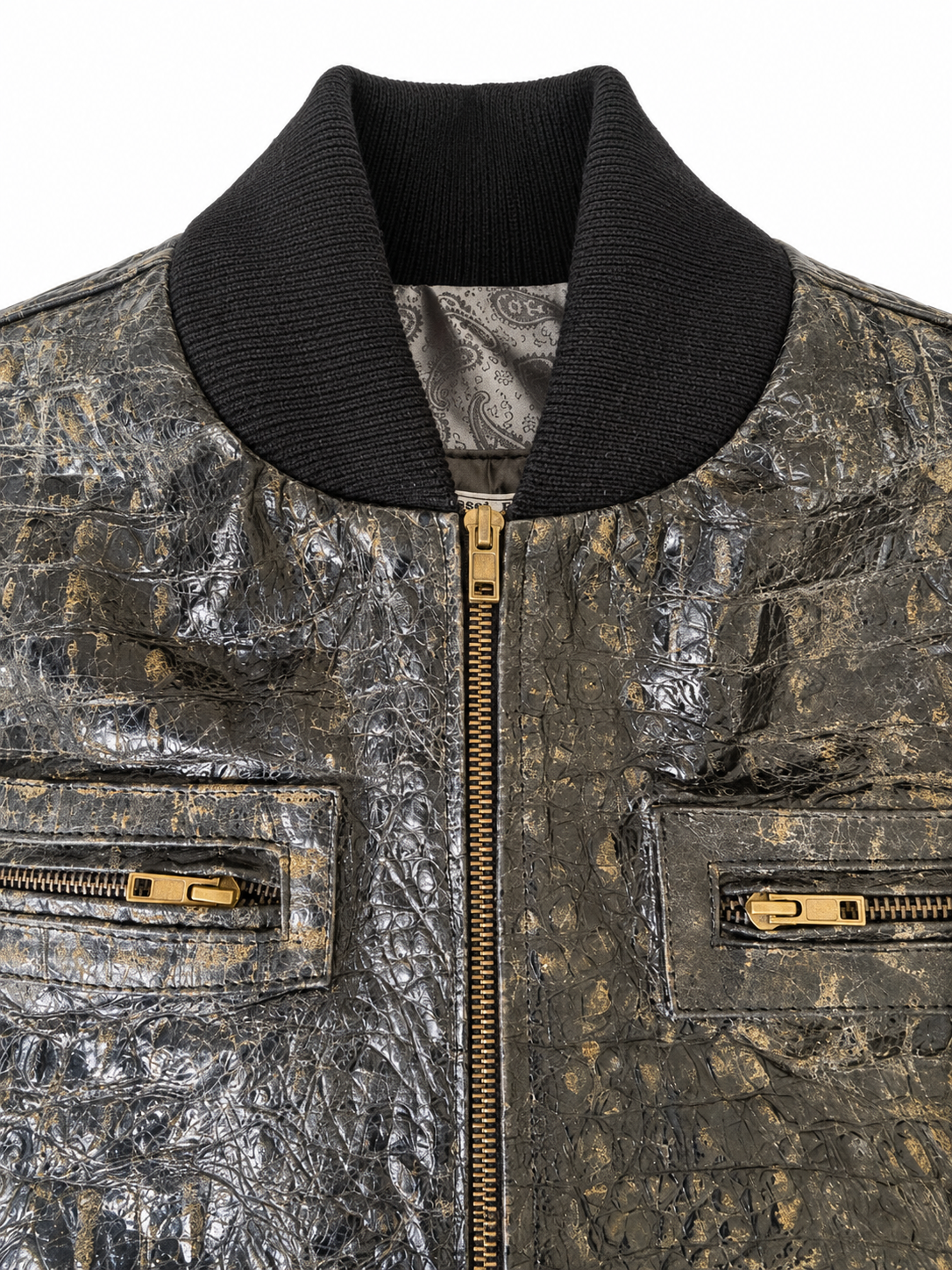 Men's Crocodile Embossed Leather Jacket – Distressed, Vintage Bomber Style