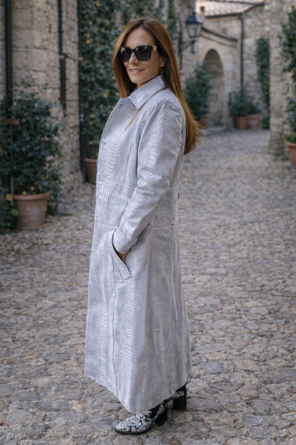 Women's Fierce Grace Embossed Leather Overcoat – Exotic Ostrich Leg Long Coat
