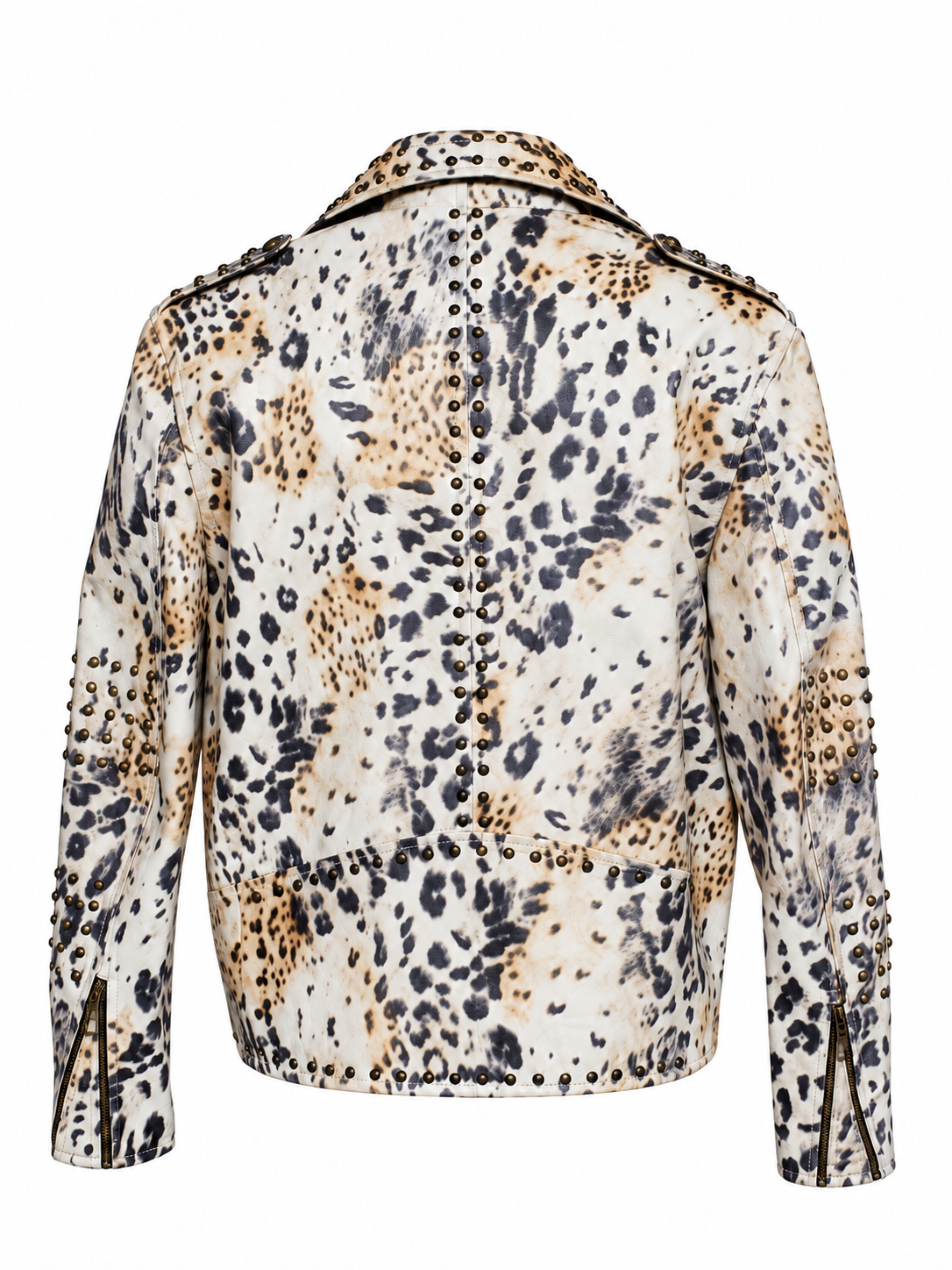 Men's Leopard-Pattern Leather Jacket with Stud Accents