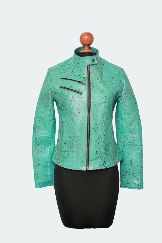Emerald Mist Leather Jacket – Speckled Teal Statement Outerwear