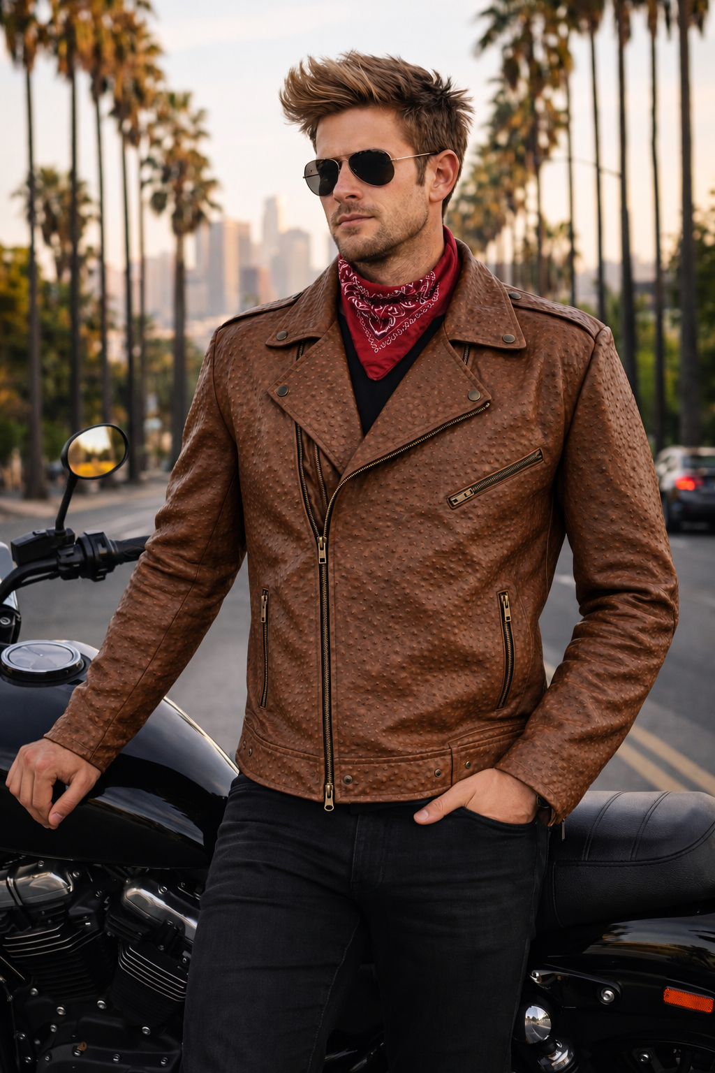 Men's Cognac Ostrich-Textured Leather Moto Jacket